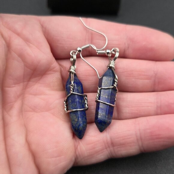 Silver Plated Lapis Lazuli Stone Handmade Wire Earrings A6317 - Picture 3 of 5